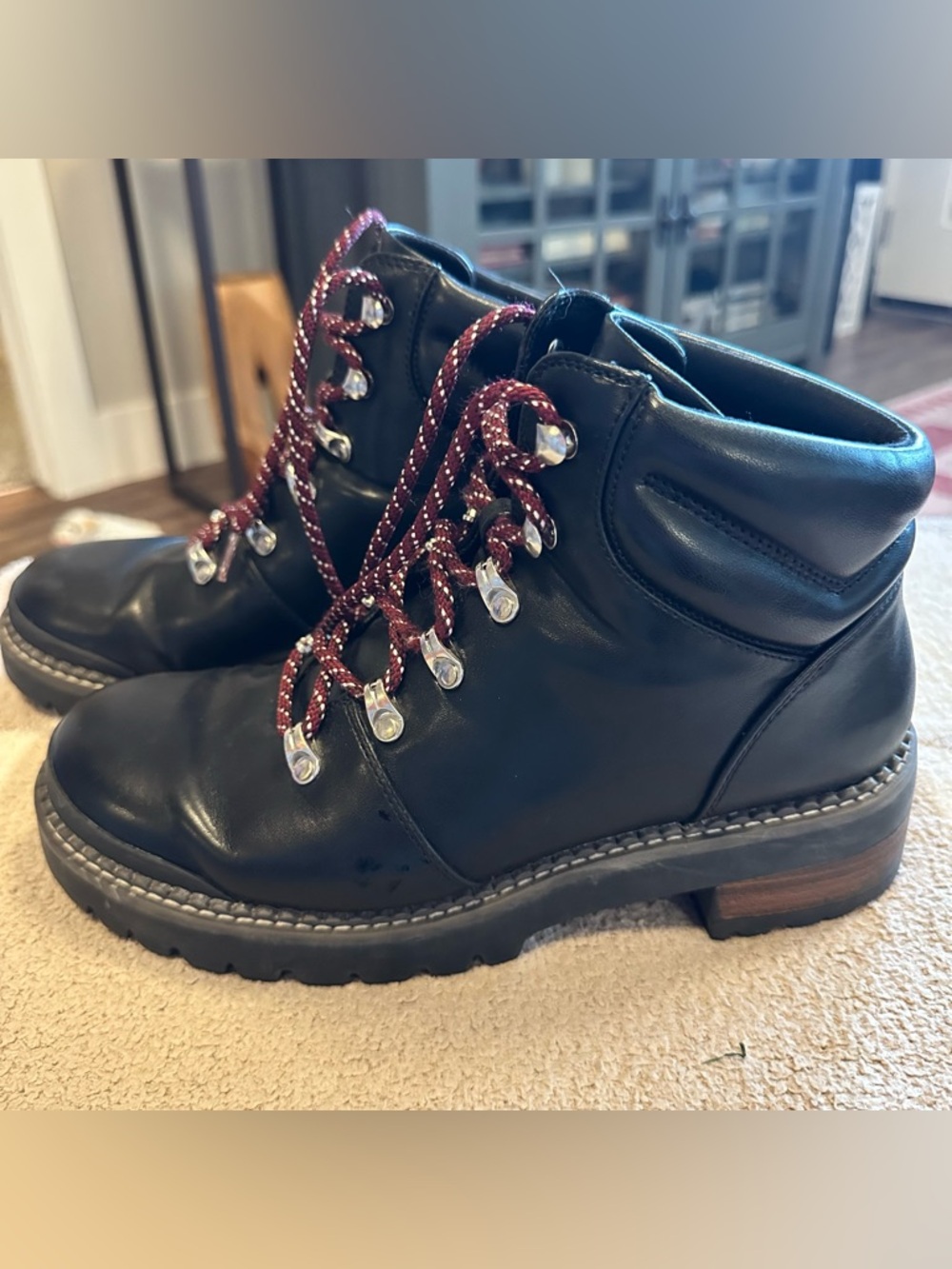 Black Lace-Up Boots with Burgundy Rope Laces